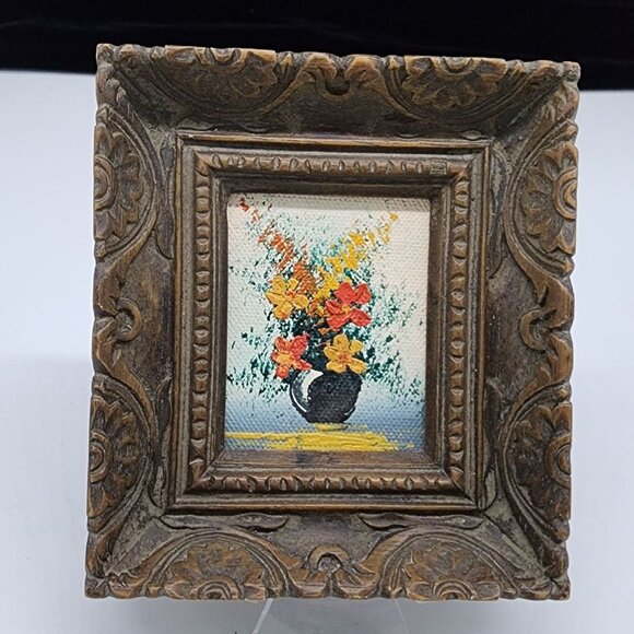 Antique Ornate Wooden Carved Picture Frame With Oil Painting 2x2.25" - Picture 1 of 13